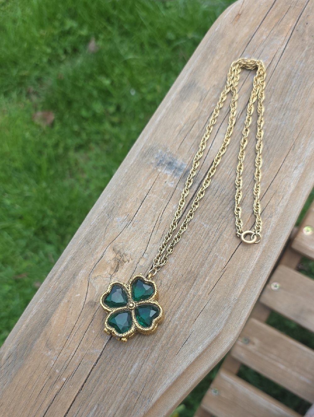 Gold-Tone Four-Leaf Clover Necklace with Emerald Green Stones